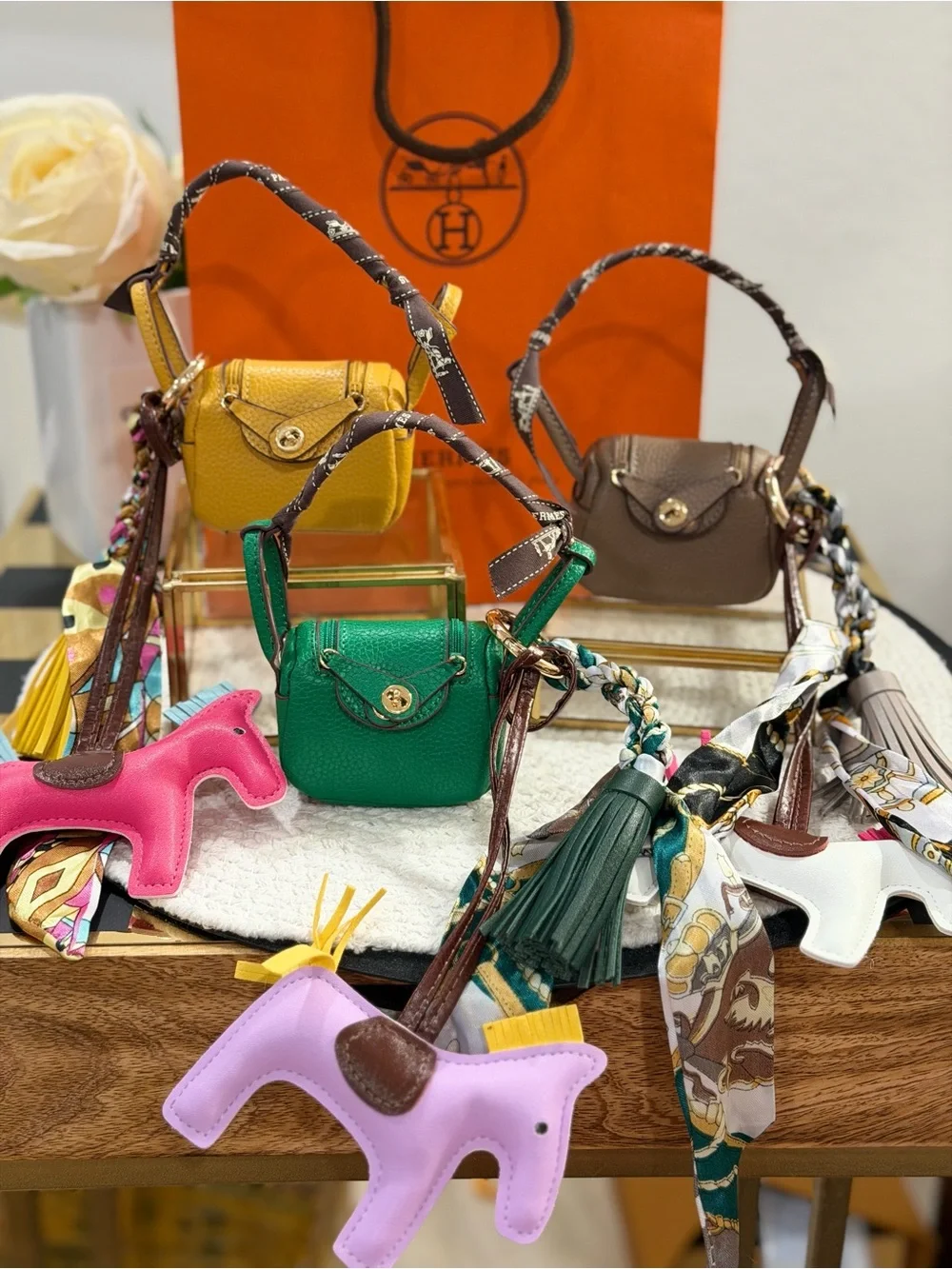 Fashion Lux Keychain Mini Bag Charm Keychain - Hermes Ribbon Wrapped Handle New